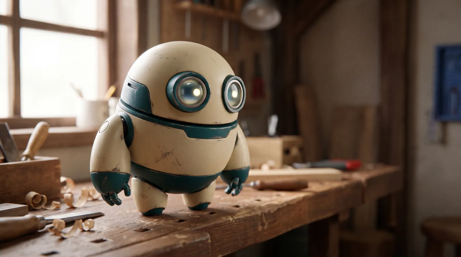 A small cream and teal robot character in a workshop, stylized 3D render