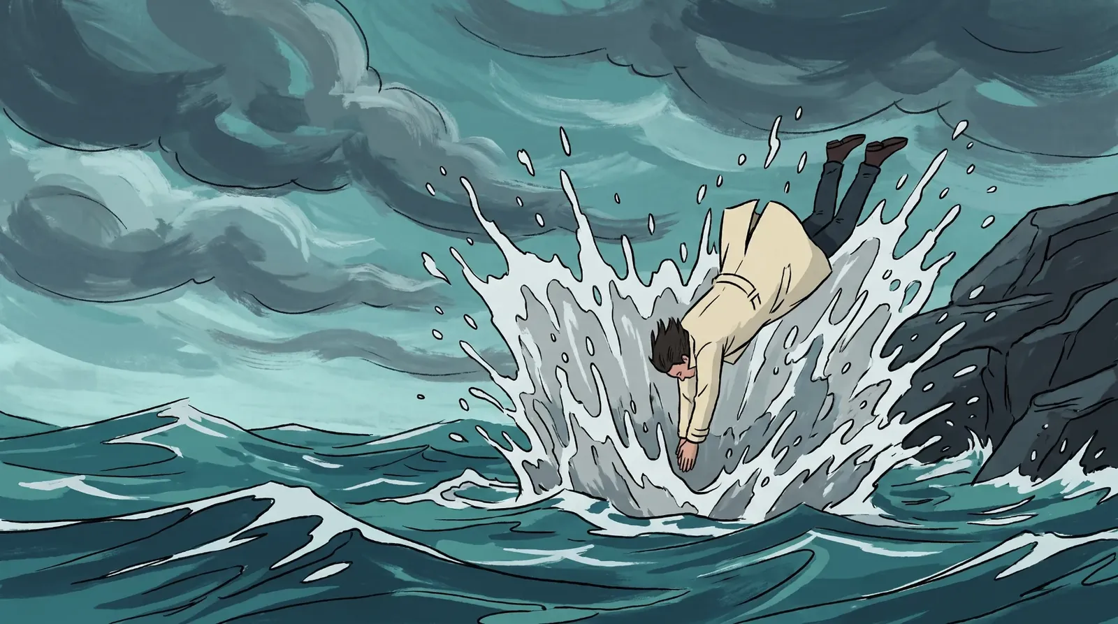 The splash, hand-drawn cartoon
