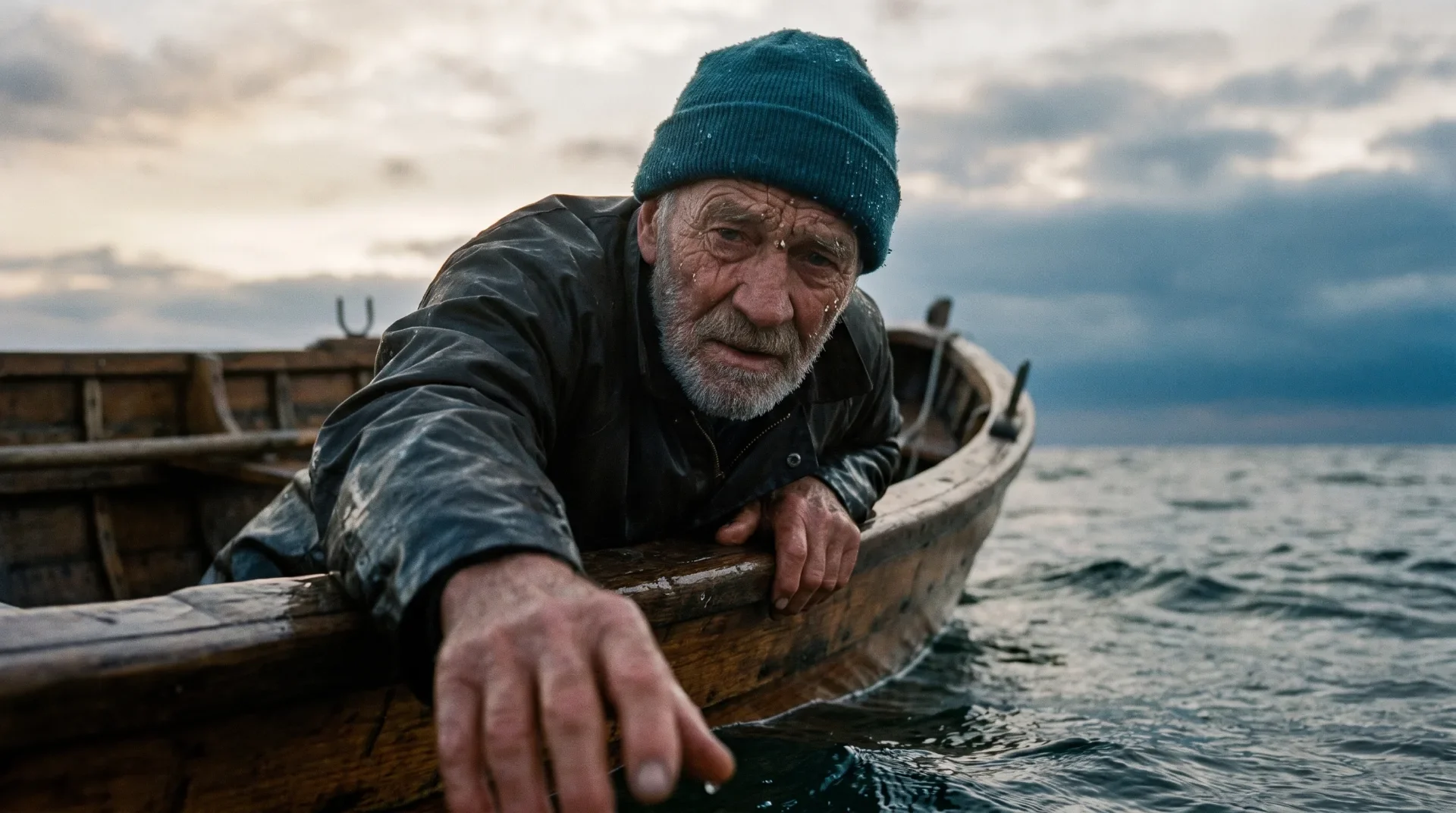 Close-up of a weathered fisherman in a teal knitted cap reaching down from his boat, with sea spray on his skin